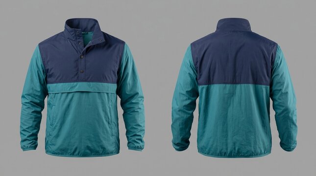 Front and back view of a two-tone windbreaker jacket mockup, turquoise and navy blue anorak pullover template isolated on gray background
