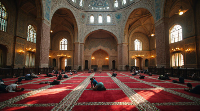 People praying in a beautiful mosque with red carpet