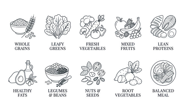 Healthy Nutrition Food Categories Line Art Icon Set