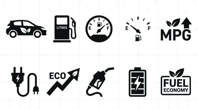 Fuel Economy and Eco Friendly Car Efficiency Icon Set
