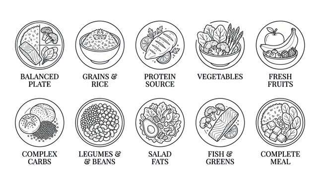 Balanced Diet Plan Food Groups Circular Badge Line Icons