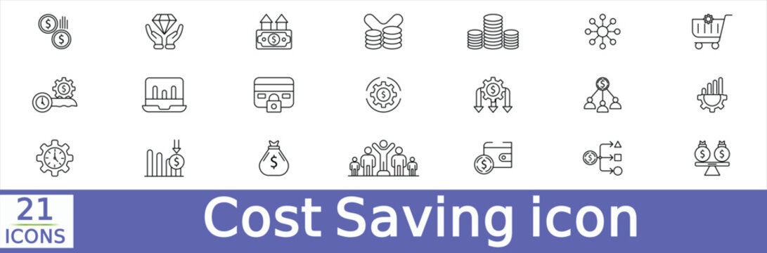 Cost Saving icon set  collection in outline style. icon pack contain savings,  Editable line icons. Vector illustration.