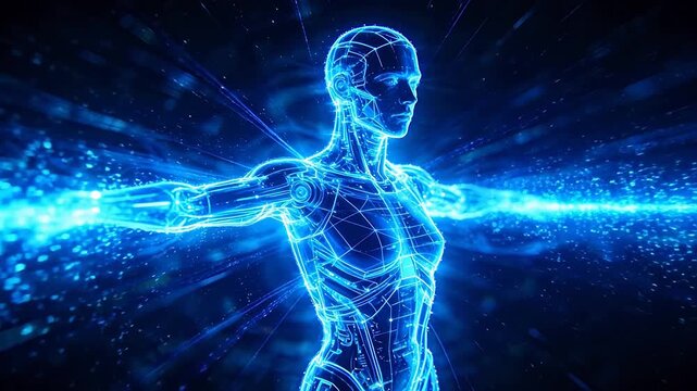 Blue glowing digital human body with light particles and spreading arms on dark background