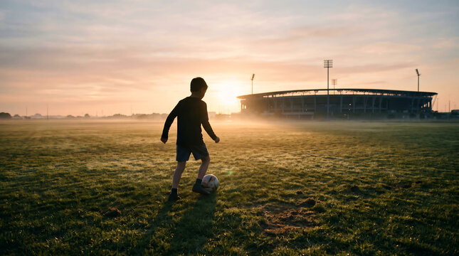 Young Boy Practicing Football Alone on Misty Grass Field at Sunrise with Stadium in Background