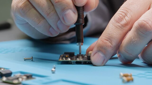 Close-up of technician hands repairing an electronic circuit board with a precision screwdriver.