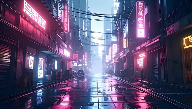 Neon lit city street at night.