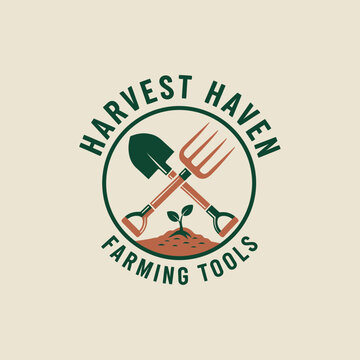 Vintage farming tools logo shovel and pitchfork emblem on light background