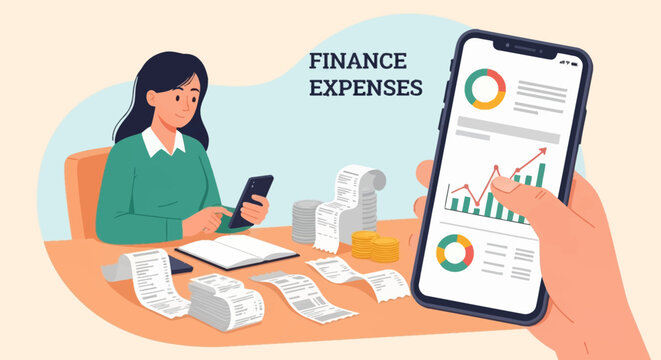 Vector illustration of a woman managing personal finances using a mobile application, featuring paper receipts, money, and data visualization charts on a smartphone screen.