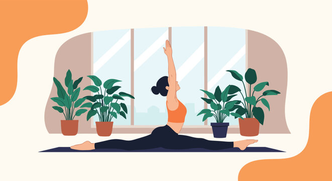 Athletic woman performing a full split yoga pose on a black mat in a bright room filled with various green potted house plants.