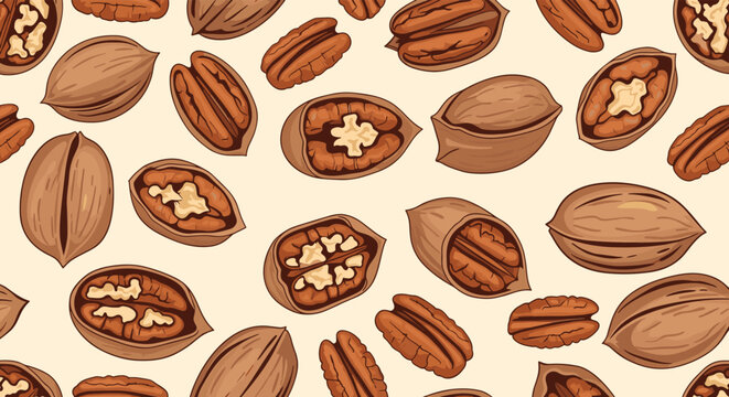 Seamless pattern showcasing various types of pecan nuts both in their shells and cracked open on a neutral cream background.