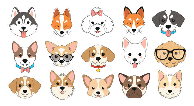 Set of fifteen cute cartoon dog breed faces including husky, corgi, poodle, and others depicted with various expressions and styles.