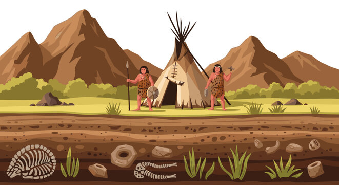 Prehistoric scene showing a nomadic campsite with teepees and hunters above an archaeological layer containing fossils and artifacts.