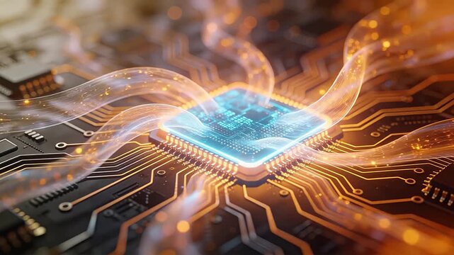 Macro closeup of electronic circuit board with glowing chip golden pins and warm orange light bands