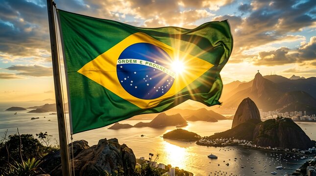 Brazilian flag waving over rio de janeiro