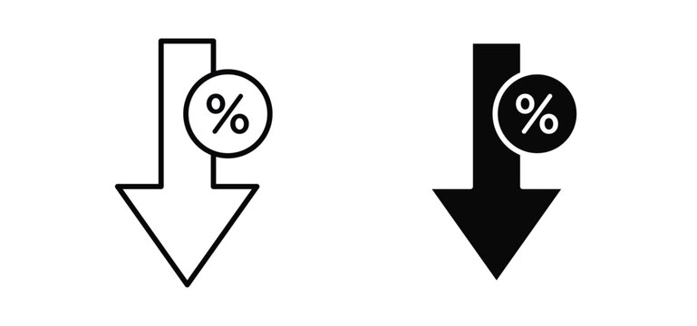 Percent down vector icon set black filled and outlined style.