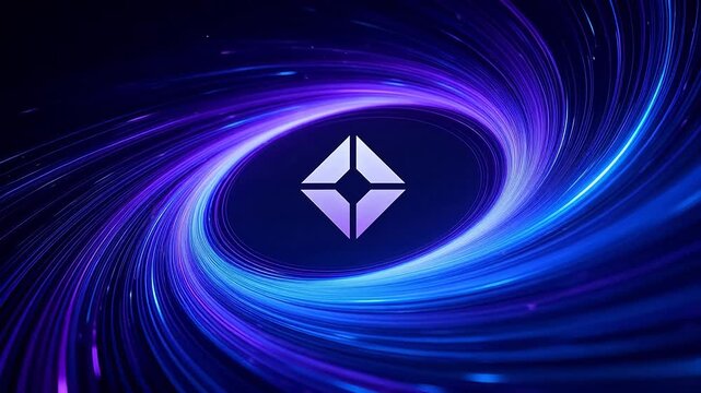 Spinning purple blue light vortex with white diamond shape and futuristic depth