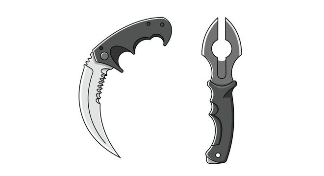 Set of two tactical survival knives includes a curved karambit blade and a unique multi-functional folding knife.