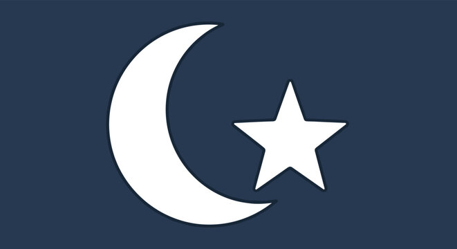Simple graphic icon of a white crescent moon and a five-pointed star set against a dark blue rectangular background for design.