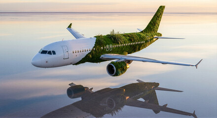 Naklejka premium airplane with plants representing sustainable aviation