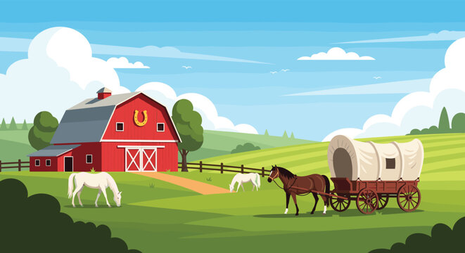 Picturesque farm scene featuring a large red barn, grazing white horses, and a traditional covered wagon in a green field.
