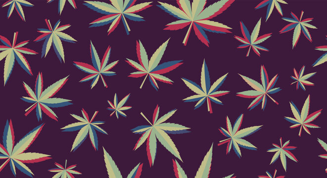 Vibrant seamless pattern of stylized multicolored hemp leaves on a dark purple background in a modern pop art graphic style.