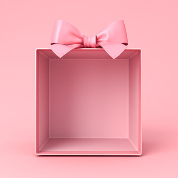Blank all pink gift box mockup exhibition booth products display stand showcase or opened present box tied with pink ribbon bow isolated on pink pastel background creative idea conceptual 3D rendering