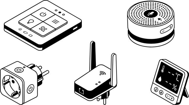 Isometric Smart Home Automation and IoT Device Icon Set with Touch Control Panel, Voice Assistant Speaker, Smart Plug, Wi-Fi Extender, and Thermostat Vectors