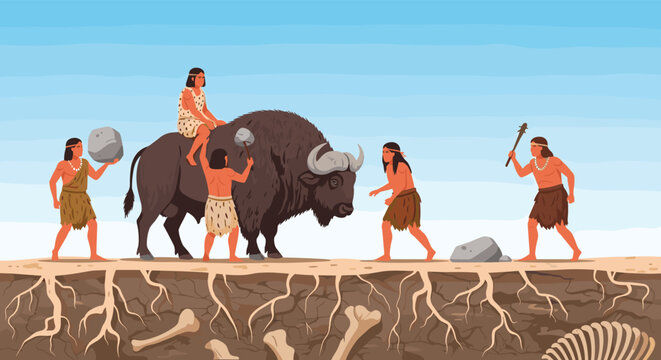 Group of prehistoric cavemen hunting a large buffalo with stone tools and wooden clubs in a landscape with deep roots.