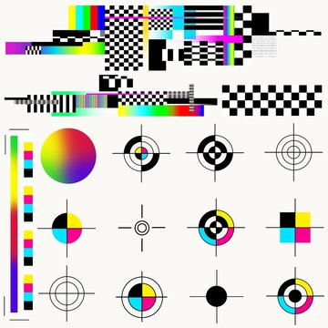 Abstract TV test pattern with color bars, checkerboards, and calibration targets
