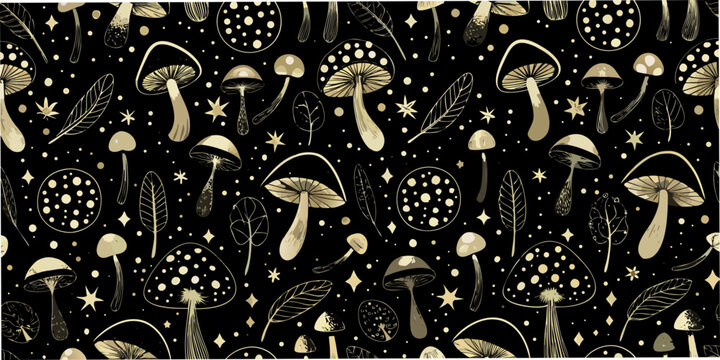 Mushroom and leaf pattern dark background stylized vector illustration