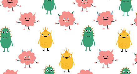 Fototapeta premium Seamless pattern of colorful and quirky monsters with different shapes and expressions on a clean white background.