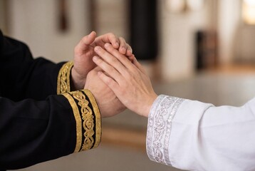 Fototapeta premium Close up View of Martial Arts Practitioners Hands during Push Hands Exercise
