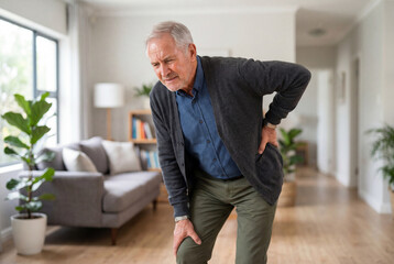 Fototapeta premium Concerned senior man holding his lower back and knee while wincing slightly in pain