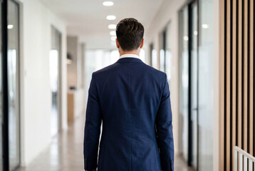 Fototapeta premium Businessman in blue suit walking down bright modern office corridor