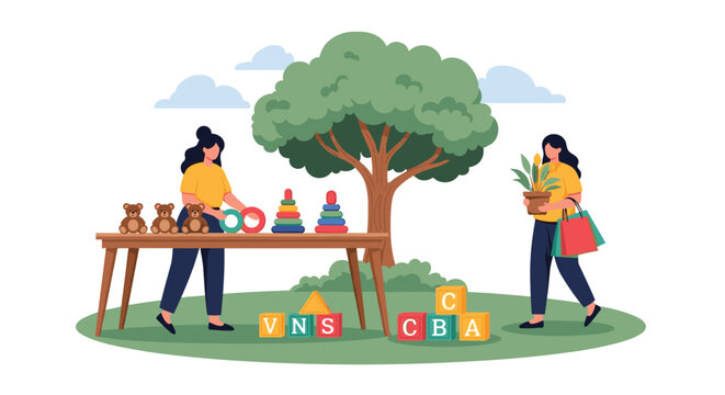 Two women organize and sell various toys including teddy bears and blocks at an outdoor community yard sale.