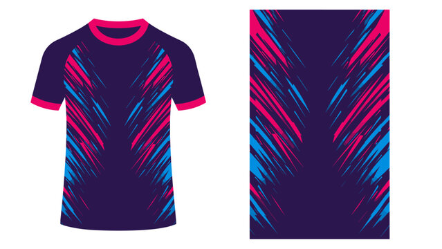 Vibrant abstract athletic jersey with neon blue and pink patterns on dark fabric design for sports.