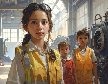 A young girl in a yellow vest, safety glasses on her head, stands with two boys in a workshop setting