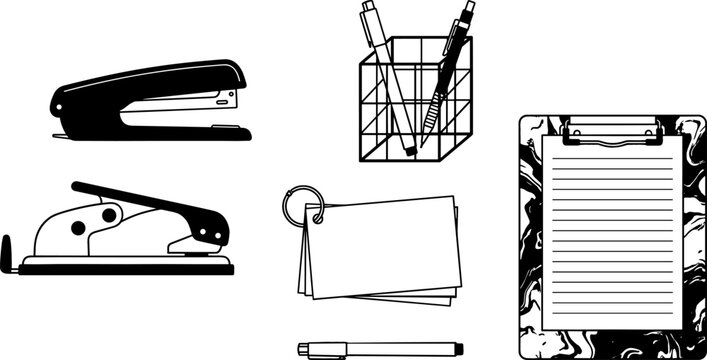 Office Stationery and Desk Supplies Icon Set with Stapler, Hole Punch, Pen Holder, Index Cards, Patterned Clipboard, and Writing Tools Vectors
