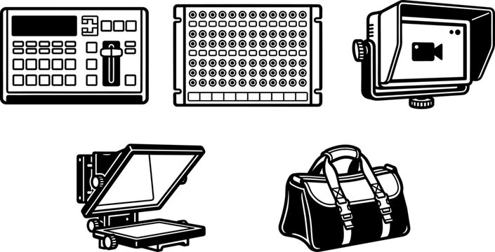 Professional Video Production and Broadcasting Equipment Icon Set with Video Switcher, LED Light Panel, Field Monitor, Teleprompter, and Gear Bag Vectors