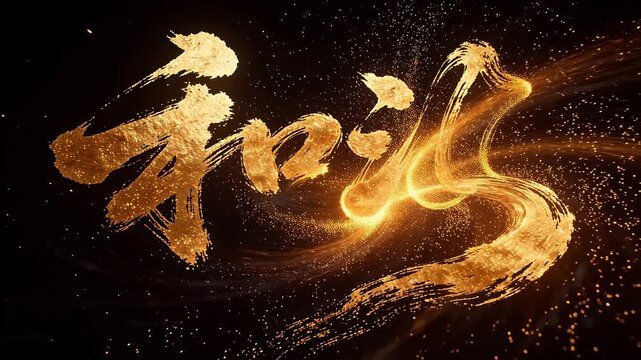 Golden calligraphy text with glowing particles on black background