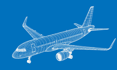 Airplane Wireframe Vector Illustration – Futuristic Aircraft 3D Mesh Engineering Blueprint Design © lipika