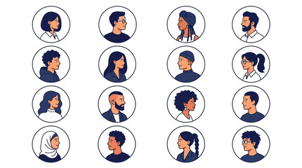 Fototapeta premium Diverse group of professional people portraits displayed in circular frames featuring various hairstyles and clothing styles representing a modern inclusive community of individuals looking sideways i