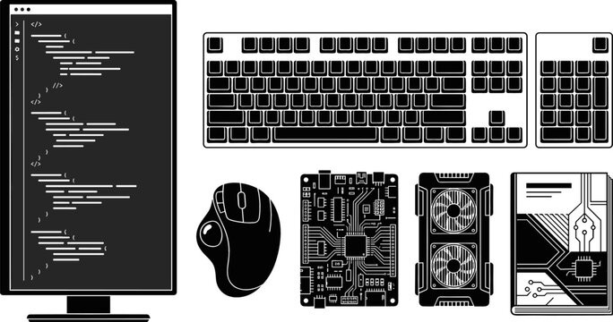 Software Development and PC Hardware Icon Set with Vertical Coding Monitor, Mechanical Keyboard, Ergonomic Mouse, Graphics Card, Motherboard, and Tech Textbook Vectors