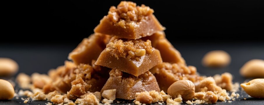 stack of square pieces of homemade peanut brittle candy topped with crushed salty roasted peanuts
