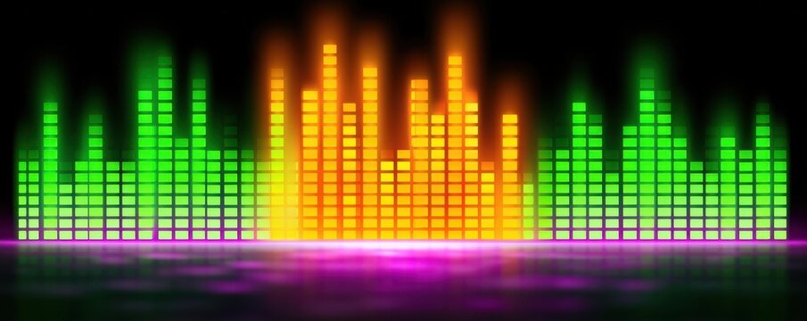 Glowing colorful digital music equalizer bars showing sound frequency levels