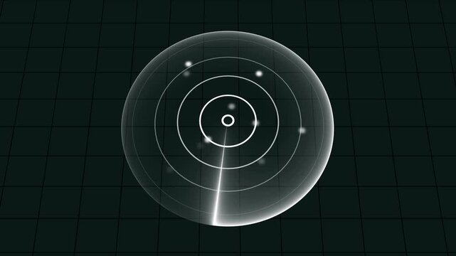 Circular radar screen with glowing sweep line and detected objects scan