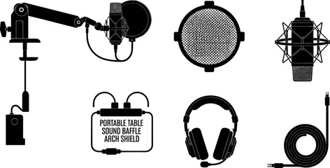 Audio Recording and Podcast Equipment Icon Set with Studio Microphone on Boom Arm, Shock Mount, Headphones, Pop Filter, and Sound Baffle Vectors © monoara