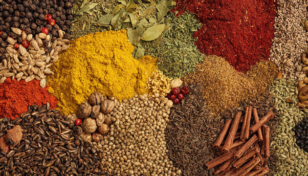 Overhead view of a variety of colorful ground spices and whole seeds arranged in a textured composition on a dark surface, culinary ingredients