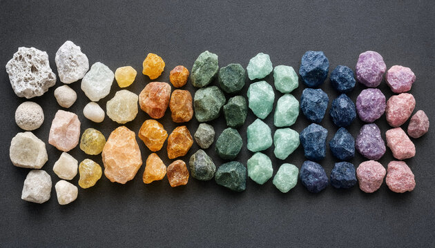 Gradient arrangement of raw mineral stones and crystals on a dark grey background, sorted by color from white to yellow, green, blue, and purple