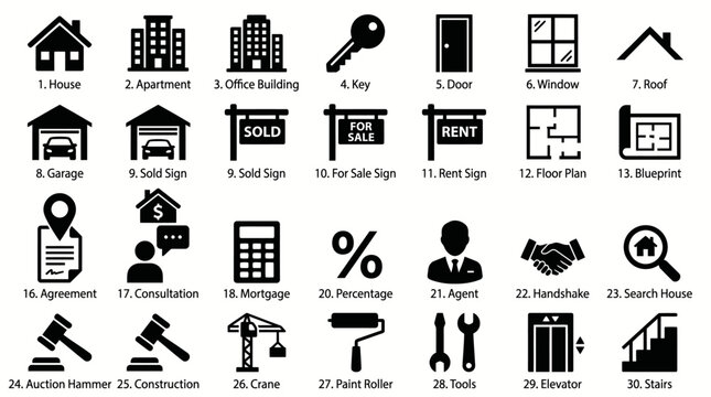 A collection of real estate icons depicting various property and construction-related symbols.